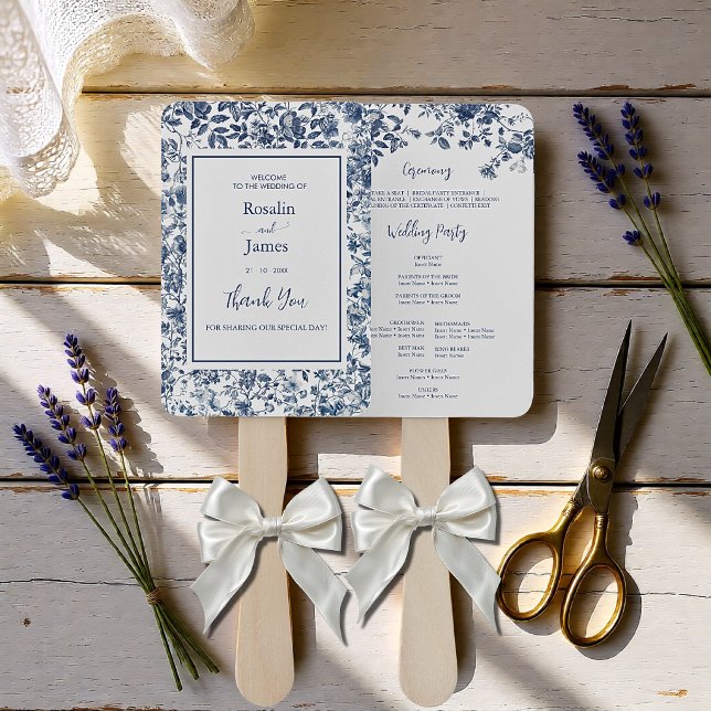 Abanico Elegante Programa de Boda Floral Toile Azul Polvor (Elegant Dusty Blue Toile Floral Wedding Program Hand Fan)
