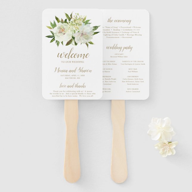 Abanico Elegante Programa de Boda Moderno Floral Blanco Do (Anverso y reverso)