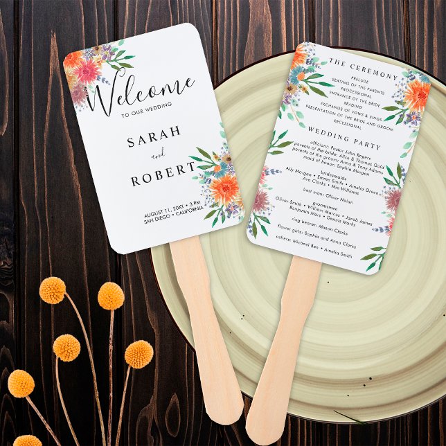 Abanico Elegante Programa de Boda Pintado a Mano con Acuar (Front / Back)