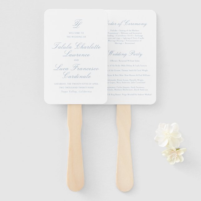Abanico Elegante programa de boda polvoriento azul tradici (Anverso y reverso)