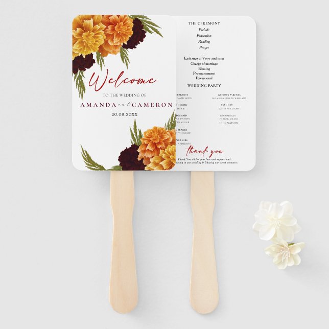 Abanico Elegante Programa de Boda Rojo Borgoña "MARIGOLD" (Anverso y reverso)