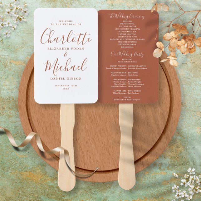 Abanico Elegante programa de boda Terracotta Script (Elegant Script Terracotta Wedding Program Hand Fan)
