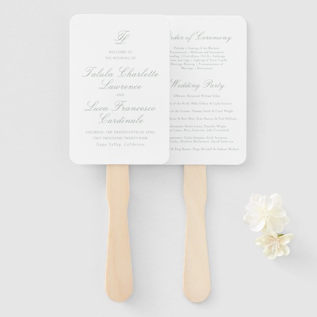 Abanico Elegante Programa de Boda Verde Miel (Anverso y reverso)