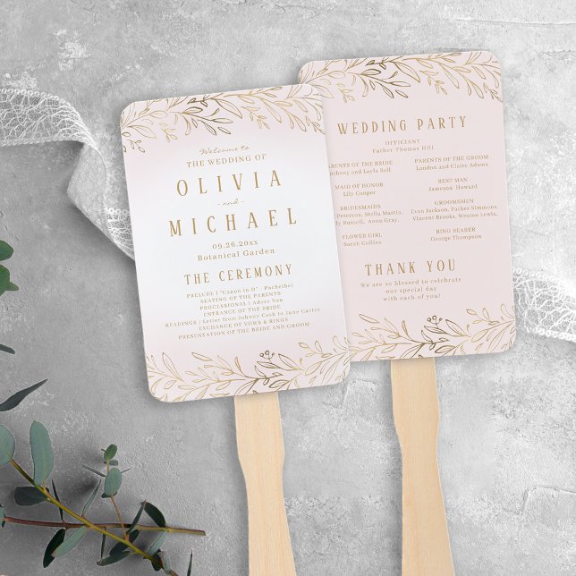 Abanico Elegante programa de bodas botánicas de oro ruidos (Elegant blush gold botanical wedding program hand fan)
