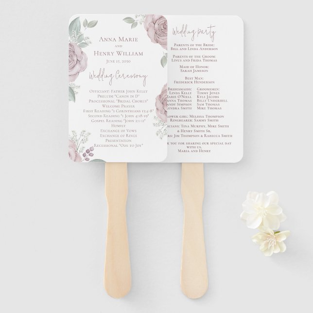 Abanico Elegante programa de bodas con flores rosadas de R (Anverso y reverso)