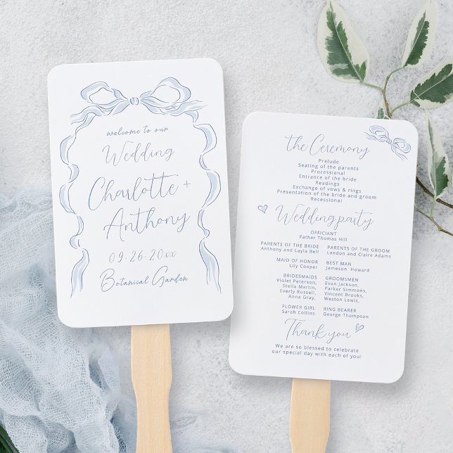 Abanico Elegante programa de bodas de barro con manga azul (Elegant Dusty Blue Hand Drawn Bow Wedding Program Hand Fan)