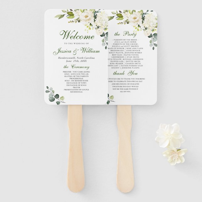 Abanico Elegante programa de bodas de Eucalipto White Rose (Anverso y reverso)