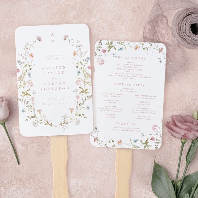 Abanico Elegante programa de bodas de flor silvestre rústi (Elegant Pink Wildflower Rustic Boho Wedding Program Hand Fan)