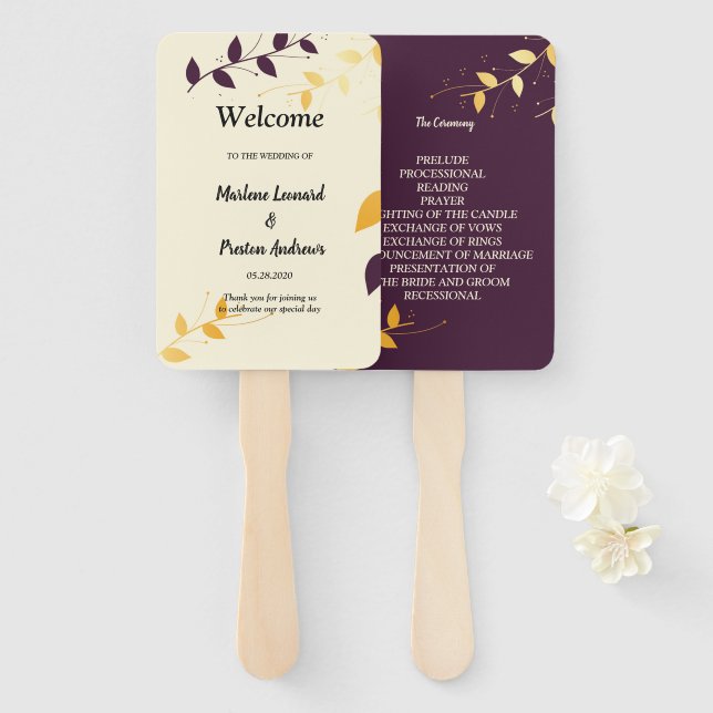 Abanico Elegante programa de bodas de hojas doradas púrpur (Anverso y reverso)