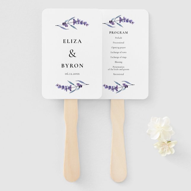 Abanico Elegante programa de bodas de lavanda floral (Anverso y reverso)