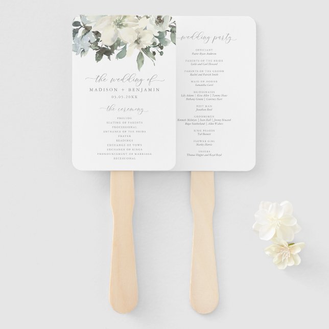 Abanico Elegante programa de bodas de marfil-salvia floral (Anverso y reverso)
