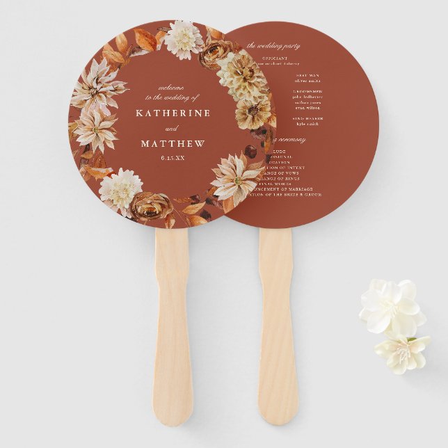 Abanico Elegante programa de bodas de Terracota floral de  (Anverso y reverso)