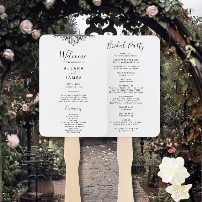 Abanico Elegante programa de bodas en monograma blanco y n (Subido por el creador)
