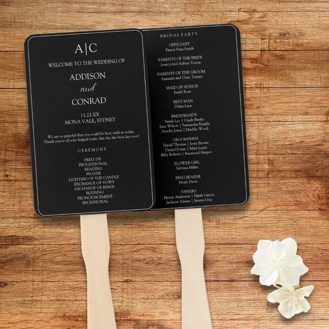 Abanico Elegante programa de bodas en monograma negro (Subido por el creador)