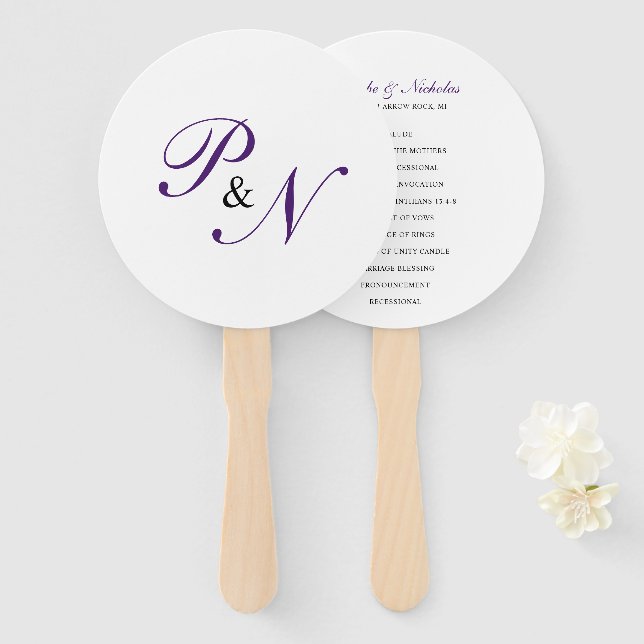 Abanico Elegante programa de bodas en monograma Royal Purp (Anverso y reverso)