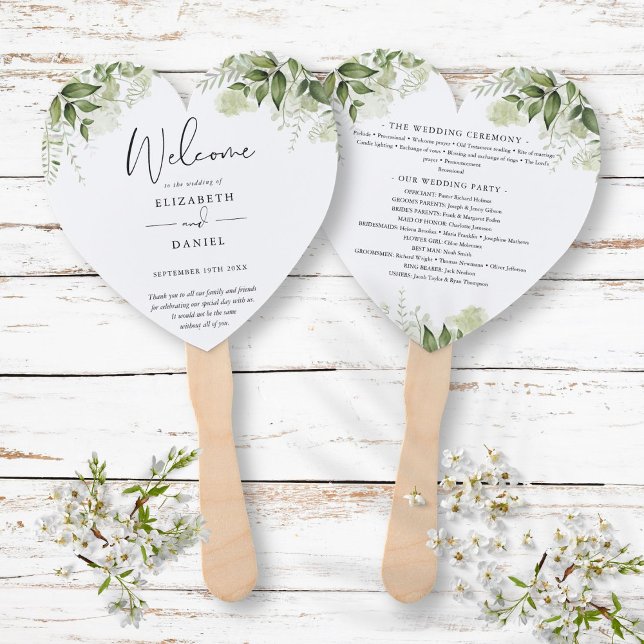 Abanico Elegante programa de bodas florales de vegetación  (Elegant Greenery Floral Wedding Program Heart Hand Fan)