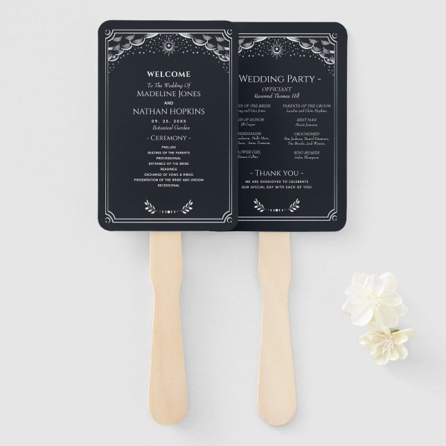 Abanico Elegante programa de bodas góticas de plata tarot (Anverso y reverso)