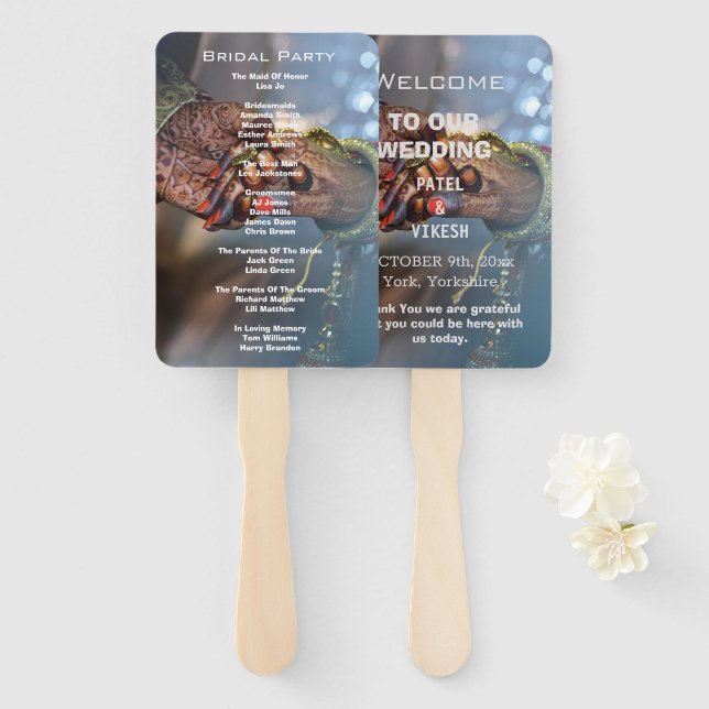 Abanico Elegante programa de bodas indias Henna (Anverso y reverso)