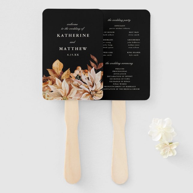 Abanico Elegante programa de Bodas Negras Florales de Otoñ (Anverso y reverso)