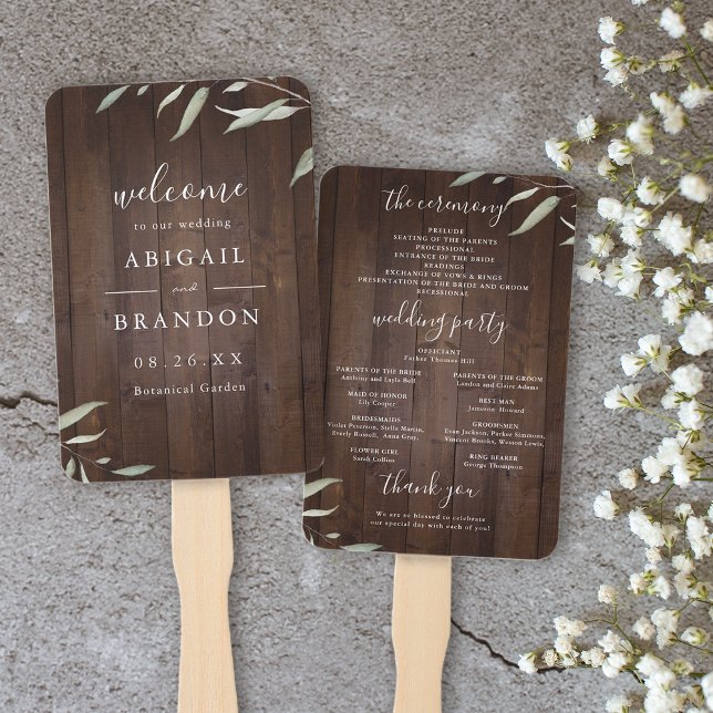 Abanico Elegante programa de bodas rústico en madera de gr (Elegant greenery barn wood rustic wedding program hand fan)