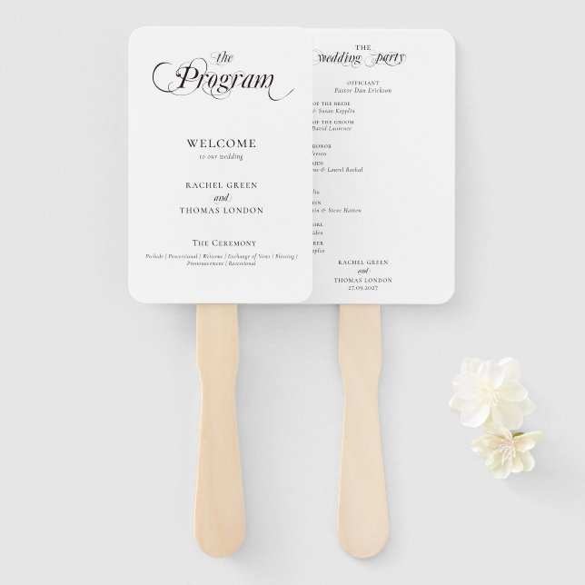 Abanico Elegante programa de caligrafía de la boda blanca  (Anverso y reverso)