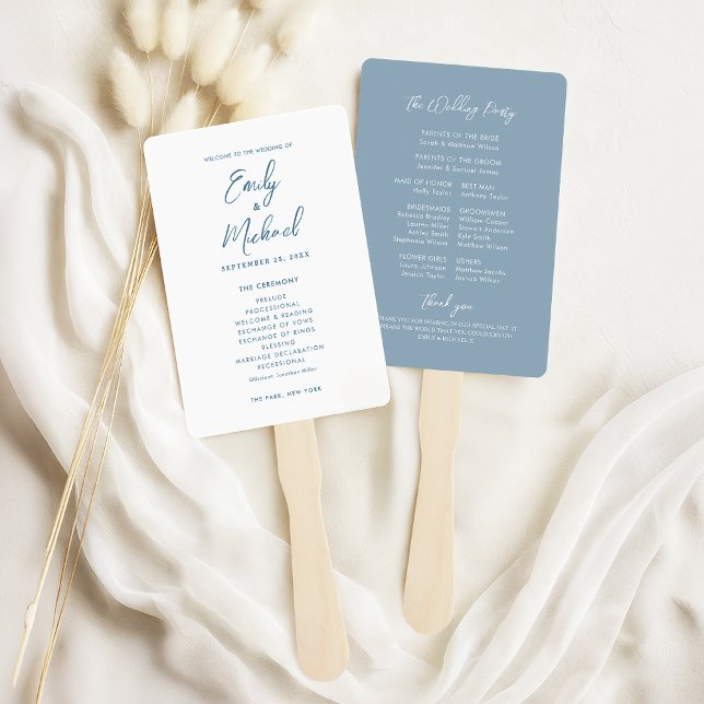 Abanico Elegante programa de caligrafía "Dusty Blue Weddin (Elegant dusty blue calligraphy text wedding program hand fan. Perfect for staying cool!)