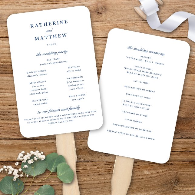 Abanico Elegante programa de ceremonias de Boda blanco y a (Elegant White & Blue Wedding Ceremony Program Hand Fan)