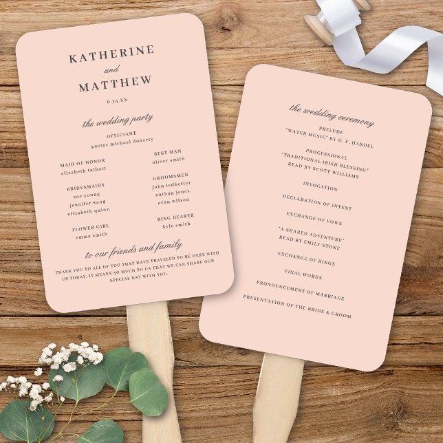 Abanico Elegante programa de ceremonias de Boda rosado de  (Elegant Chic Blush Pink & Dark Grey Wedding Ceremony Program Hand Fan)
