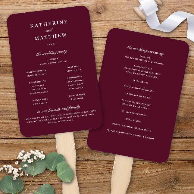 Abanico Elegante programa de Moda de Boda de Borgoña (Elegant Chic Burgundy Merlot Wedding Ceremony Program Hand Fan)