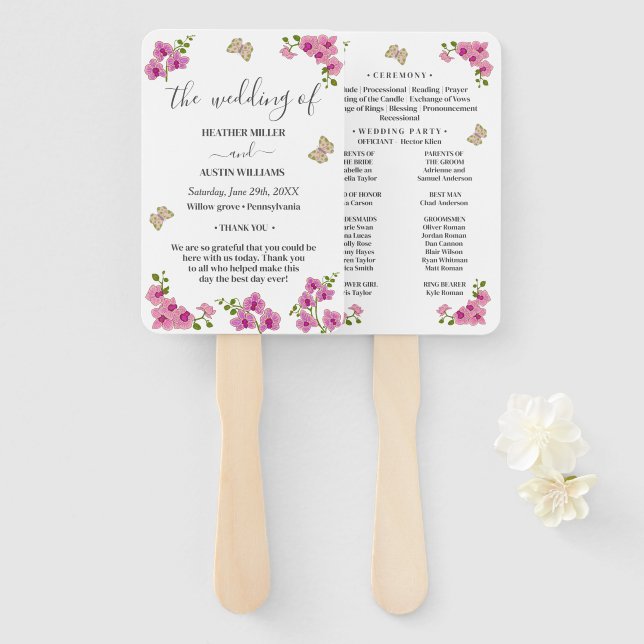 Abanico Elegante programa Delicado de Boda de Orquídeas Pú (Anverso y reverso)