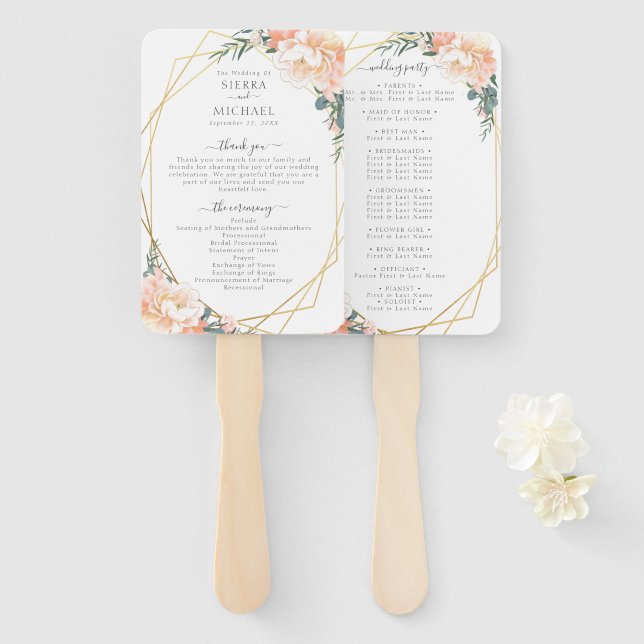 Abanico Elegante programa floral Rubor Peach Cream Wedding (Anverso y reverso)