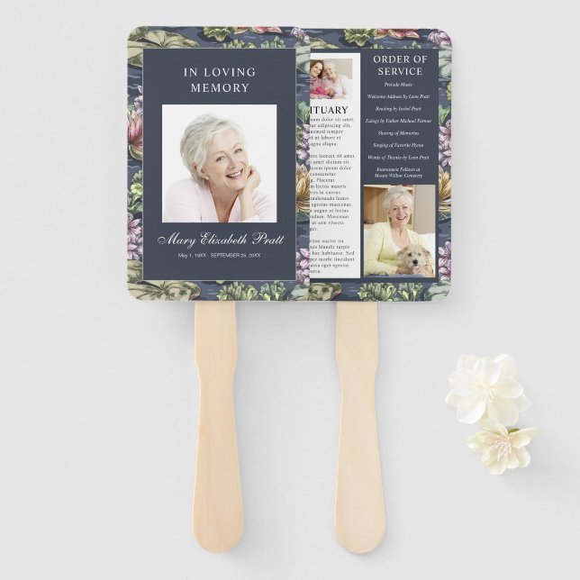 Abanico Elegante programa funeral de Flora Azul Oscura 3 F (Anverso y reverso)