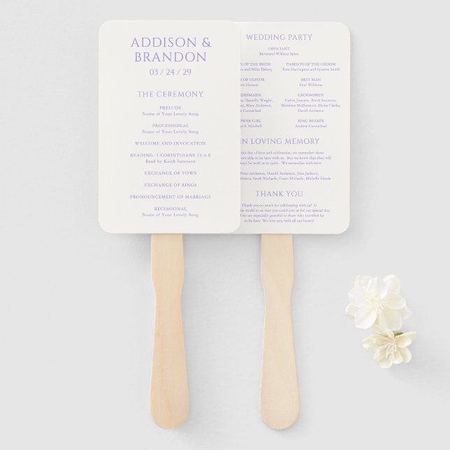 Abanico Elegante programa Lilac de matrimonio moderno (Anverso y reverso)