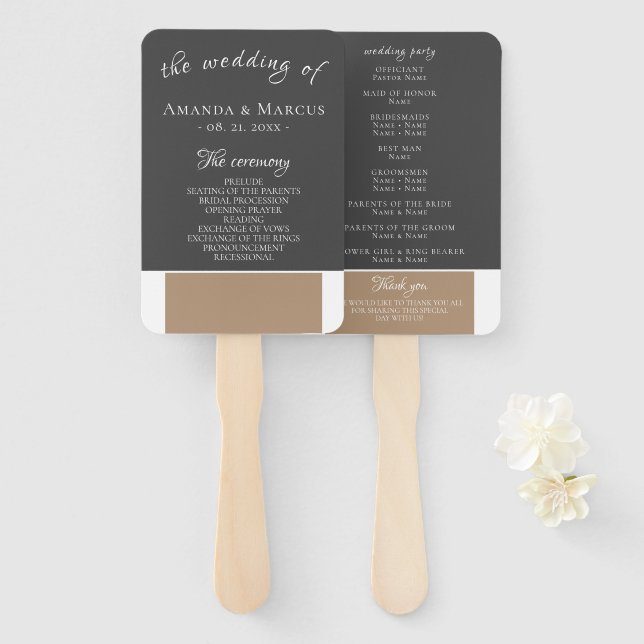 Abanico Elegante programa moderno de bodas gris-beige (Anverso y reverso)