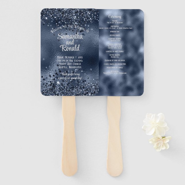 Abanico Elegante Purpurina azul oscuro y programa de bodas (Anverso y reverso)