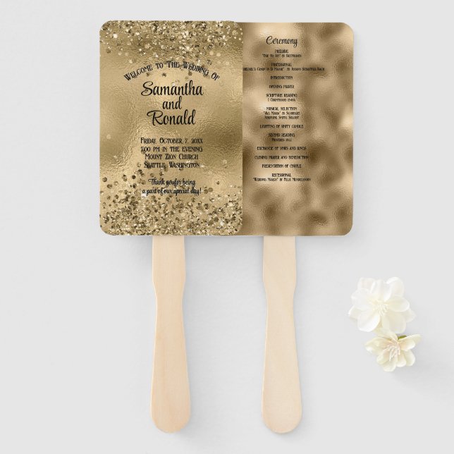 Abanico Elegante Purpurina de Faux Gold y programa de Boda (Anverso y reverso)