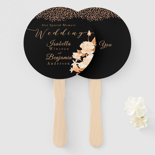 Abanico Elegante Rosa de oro Boda negro (Anverso y reverso)