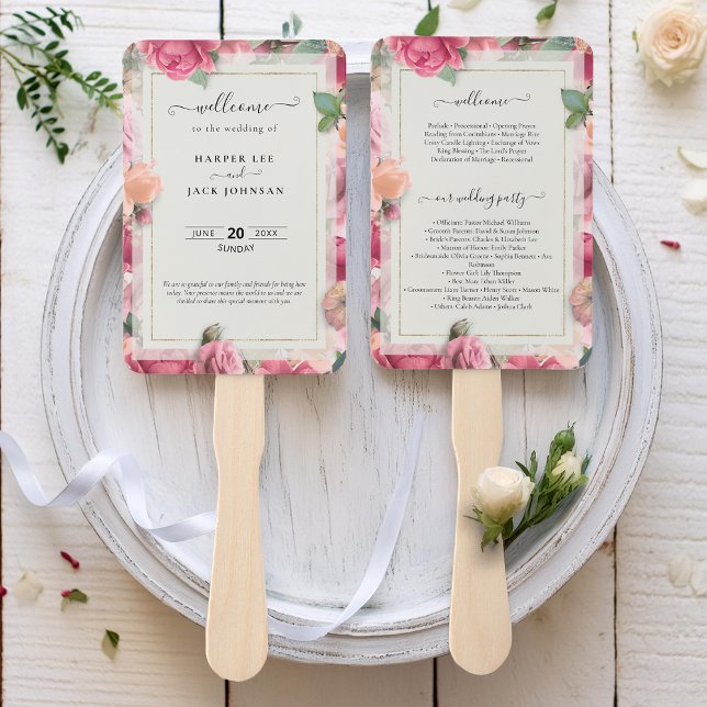 Abanico Elegante Rosa Geométrico Rubor Floral Rosa Save Th (Stylish Geometric Blush Pink Floral Rose Save The Hand Fan)