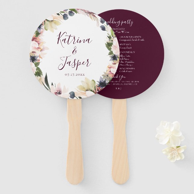 Abanico Elegante Rubor Plum Floral Boda Fans (Anverso y reverso)