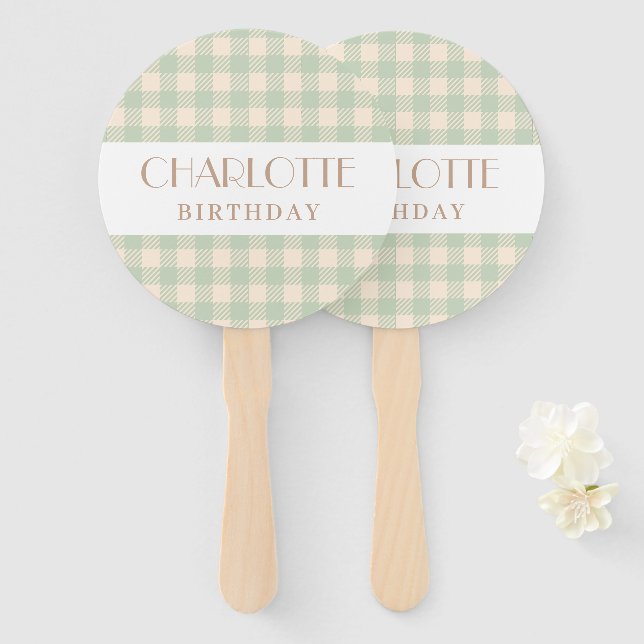 Abanico Elegante sage verde preppy gingham plaid revisado (Anverso y reverso)