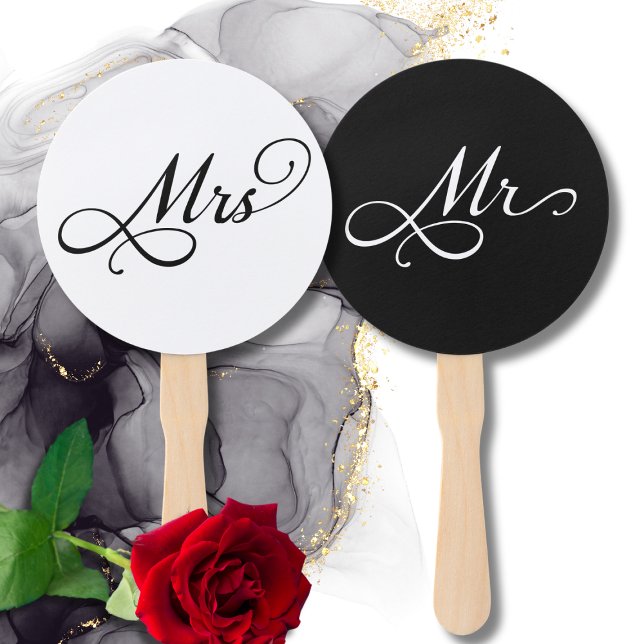 Abanico Elegante Sr. Sra. Boda Game (elegant black and white Mr and Mrs wedding game hand fan,calligraphy script typography wedding favor)
