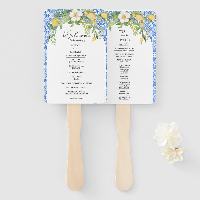 Abanico Elegante tarjeta de programa de boda mediterránea  (Anverso y reverso)