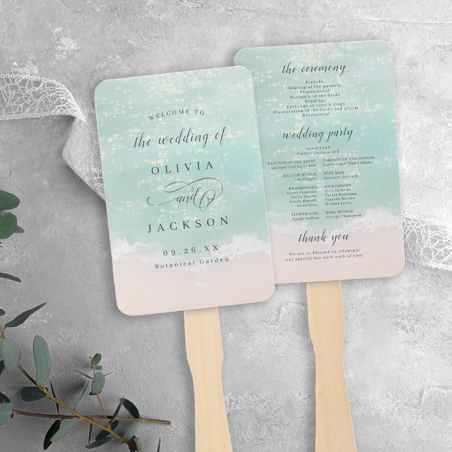 Abanico Elegantes programas de bodas en la playa del océan (Elegant sparkling ocean beach wedding programs hand fan)