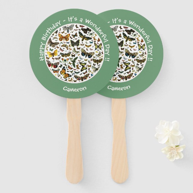 Abanico Es el cumpleaños de la mariposa, artículos para el (Anverso y reverso)