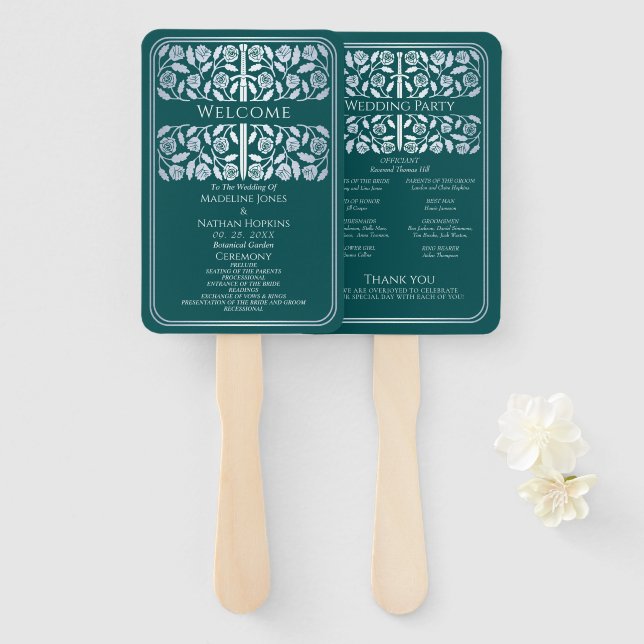 Abanico Espada de plata medieval teal programa de boda rea (Anverso y reverso)