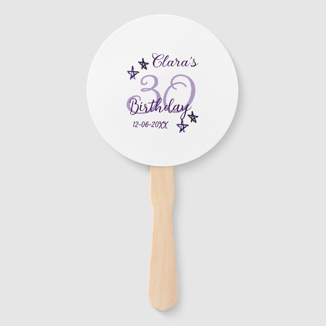 Abanico Estrellas purpurinas moradas 30 años retro moderno (Anverso)