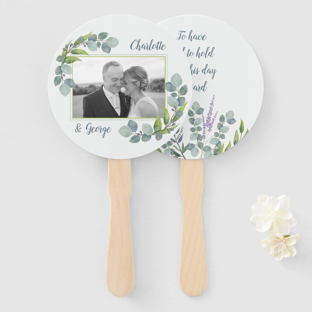 Abanico Eucalyptus deja una foto de un fan Boda diciendo (Anverso y reverso)