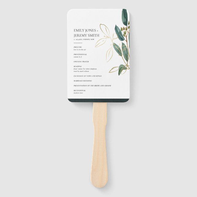 ABANICO EUCALYPTUS GREEN GOLD FOLIAGE WEDDING PROGRAMA (Anverso)