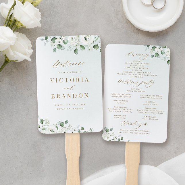 Abanico Eucalyptus Greenery floral programas de boda rústi (Eucalyptus Greenery floral rustic wedding programs Hand Fan)