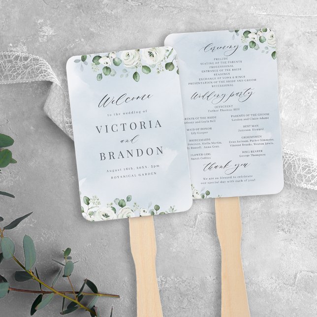 Abanico Eucalyptus Greenery floral programas de boda rústi (Eucalyptus Greenery floral dusty  blue rustic wedding programs Hand Fan)